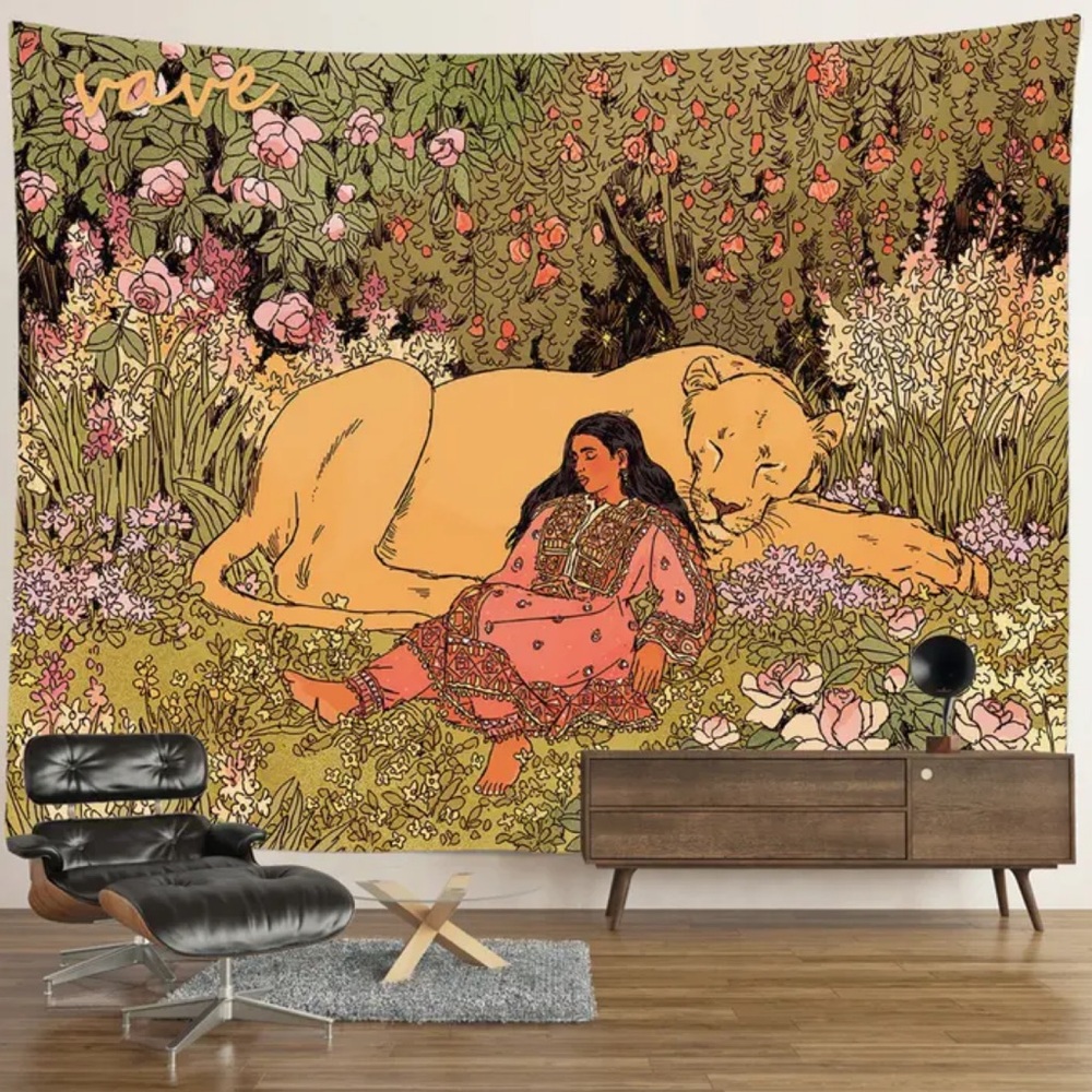 Floral Tapestry with Resting Lion and Woman